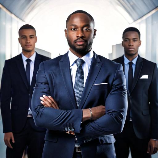 Business executive surrounded by close security team